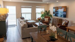 Condo, Multiple Beds, Kitchen, Ocean View (Penthouse Inverness) | Living area - Penthouse Beachfront Views Renovated (South Padre Island)