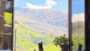 Ein Fenster mit Blick auf eine gebirgige Landschaft.
