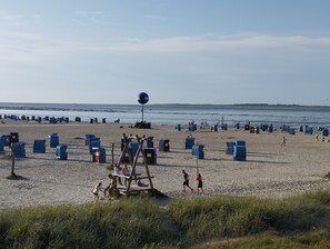 A beach with blue chairs and a lifeguard tower. - Apartment Villa Butterburg Tomke - Terraced house with terrace (Dornum)