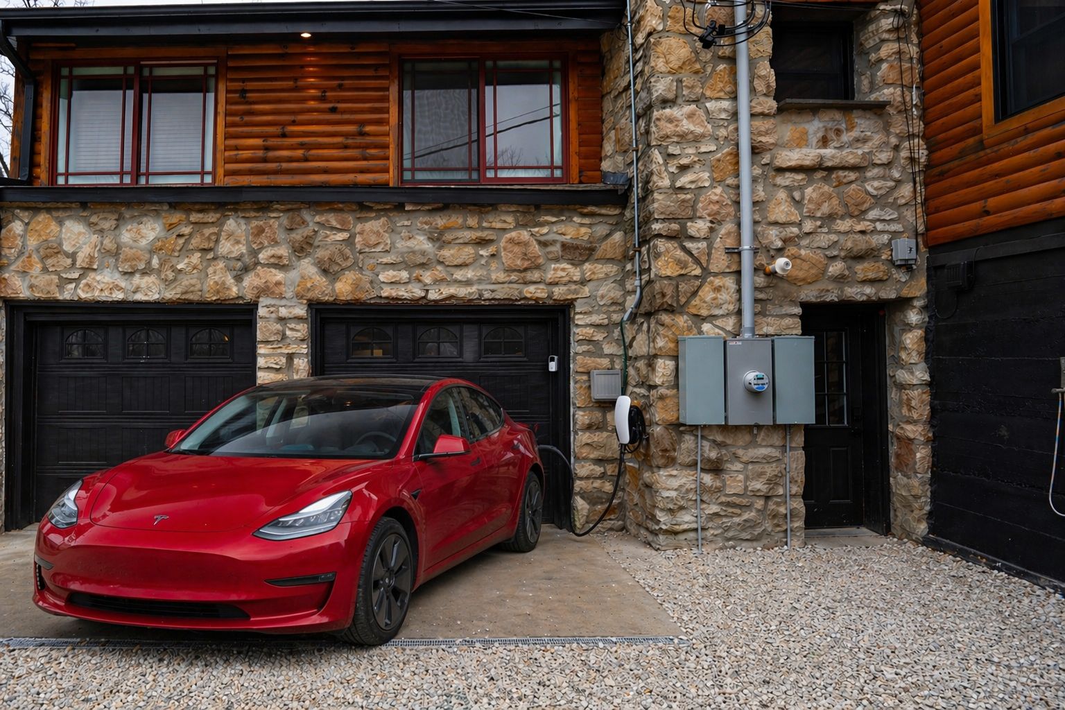 A red Tesla charging at a house with stone walls and wooden upper floors.