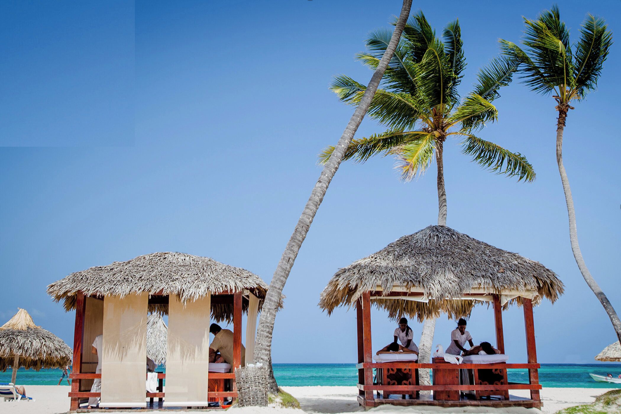 Two thatched-roof huts with wooden benches, palm trees, and a clear blue sky.