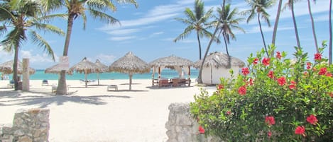 Private beach, white sand, beach cabanas, 2 beach bars