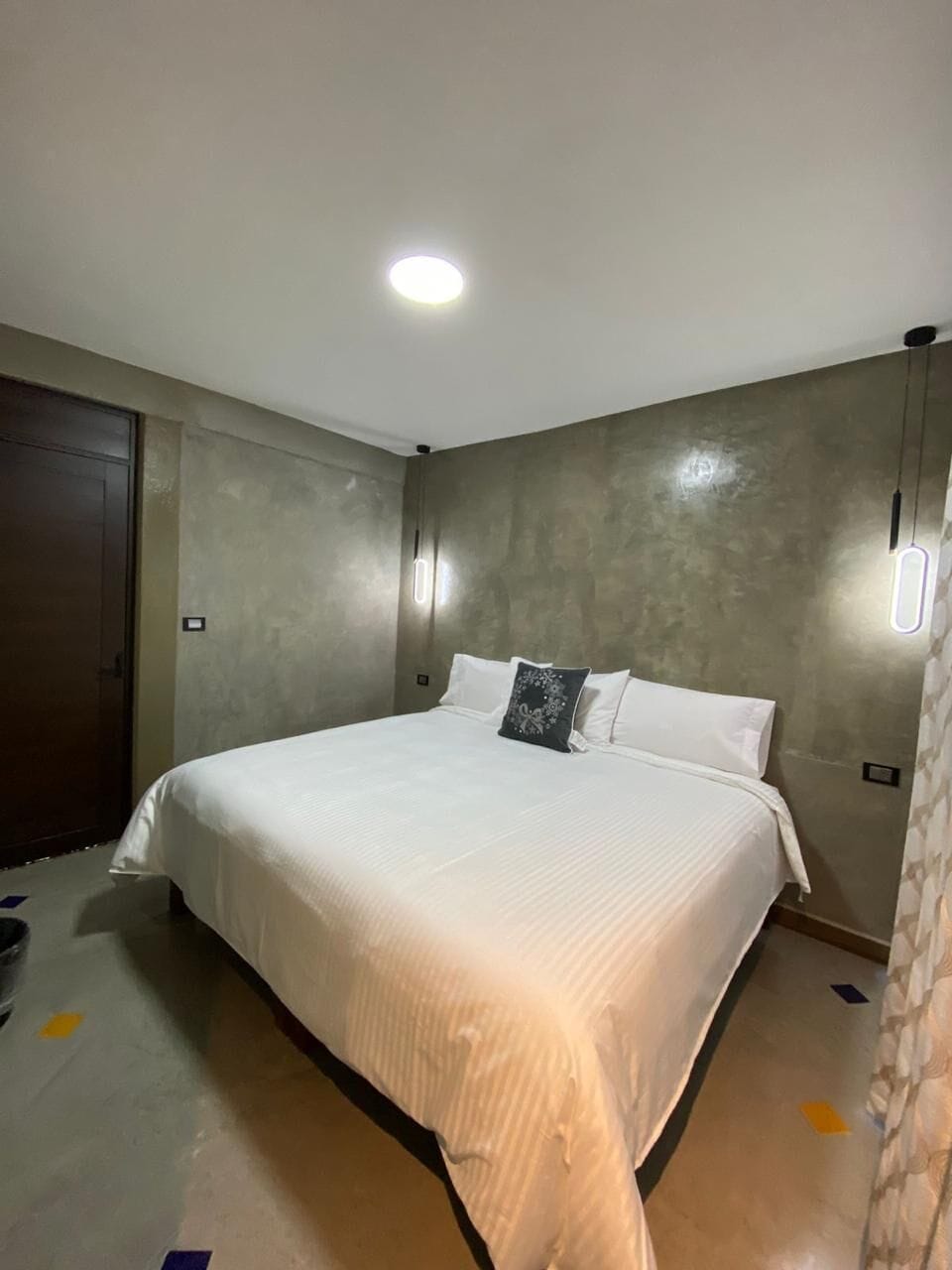 A bedroom with a large bed, a ceiling light, and a door.