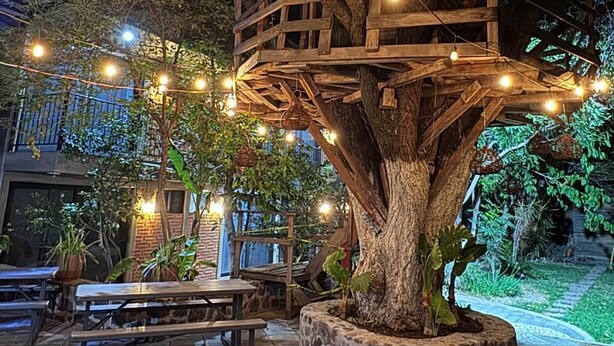 A treehouse structure with a wooden platform and a stone base, surrounded by string lights and potted plants. - Hotel Casa Grangelo (Atlixco)