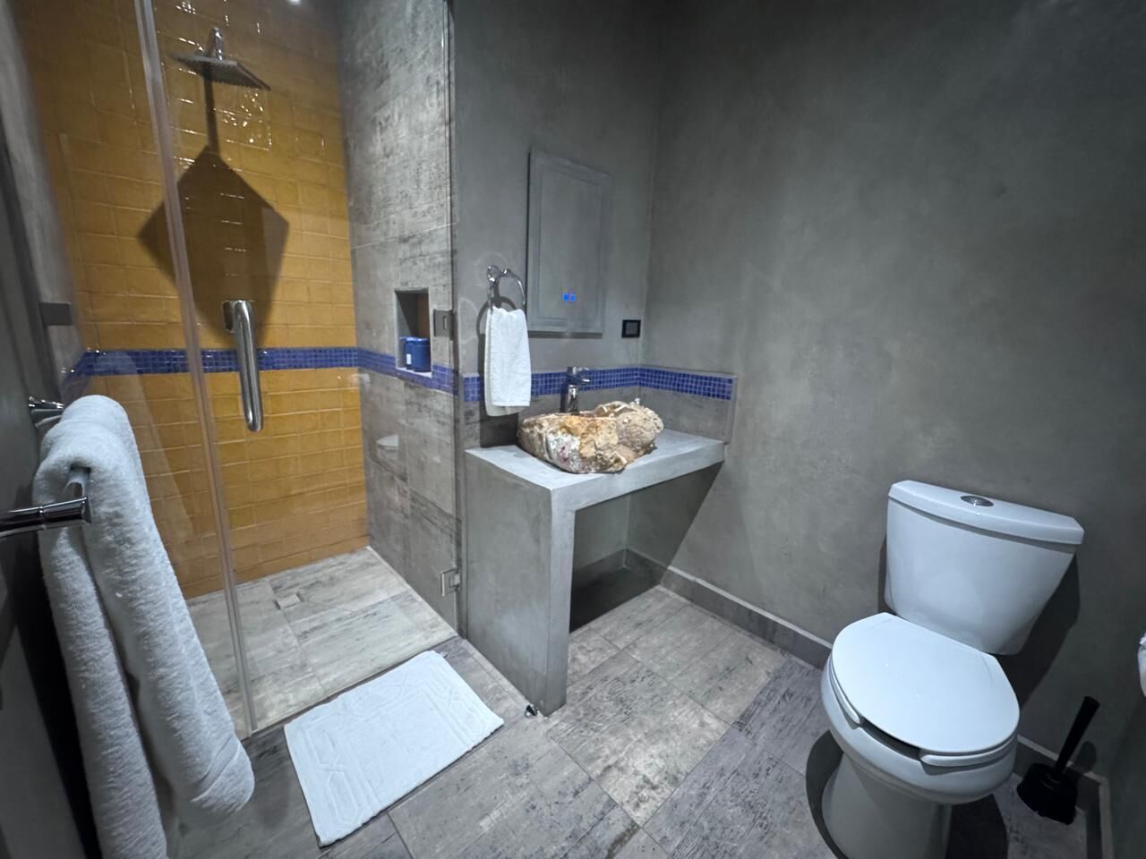 Un baño con ducha, inodoro y lavamanos.