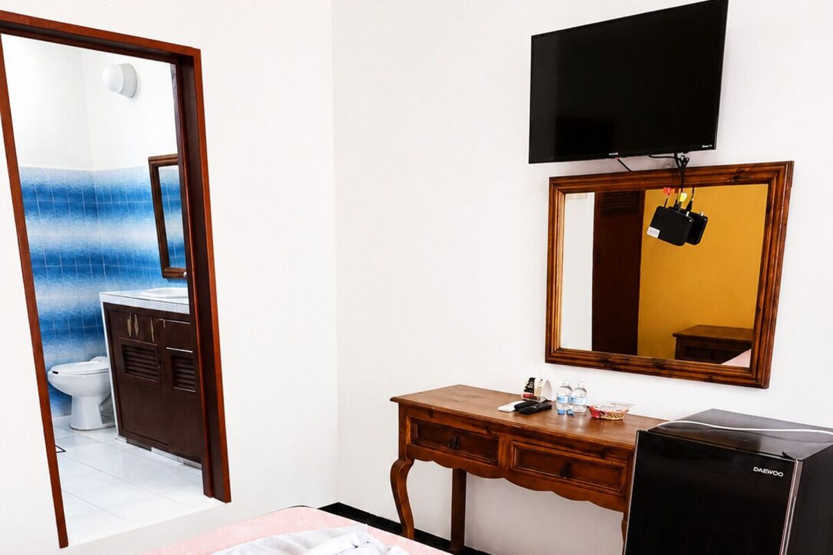 Une chambre d’hôtel avec un lit, un bureau, une télévision et un miroir.