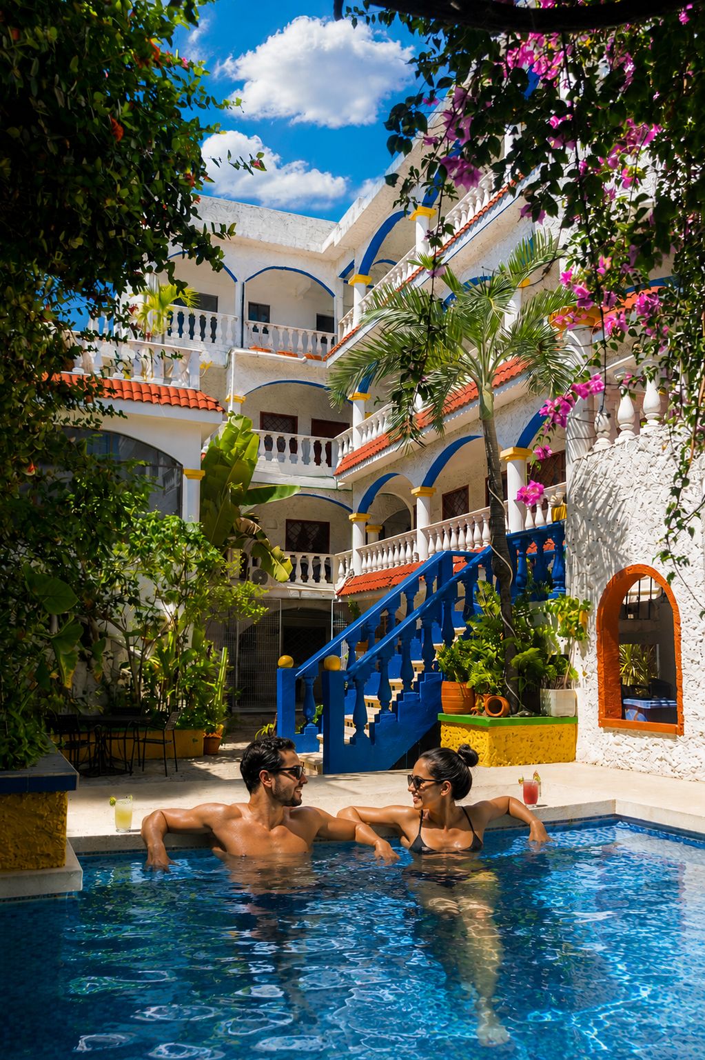 Zona de piscina con un edificio de dos plantas al fondo, con balcones y una escalera.