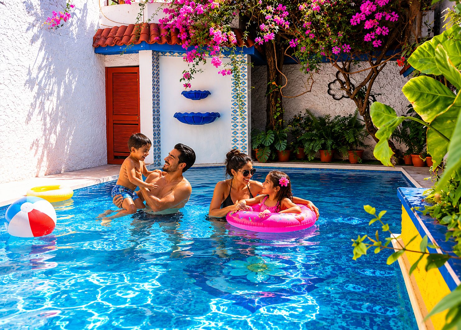 Una piscina con gente disfrutando del agua, rodeada de plantas en macetas y un edificio con fachada de azulejos.