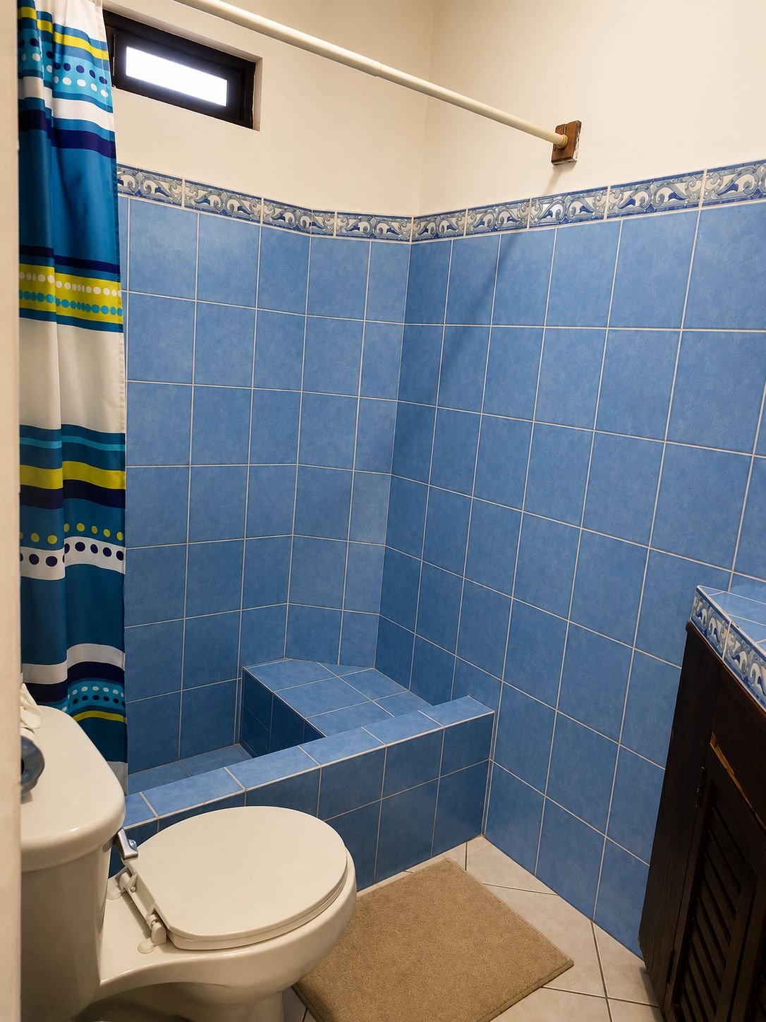 Ein Badezimmer mit blauen Fliesen, einer Dusche, einer Toilette und einem Handtuchhalter.