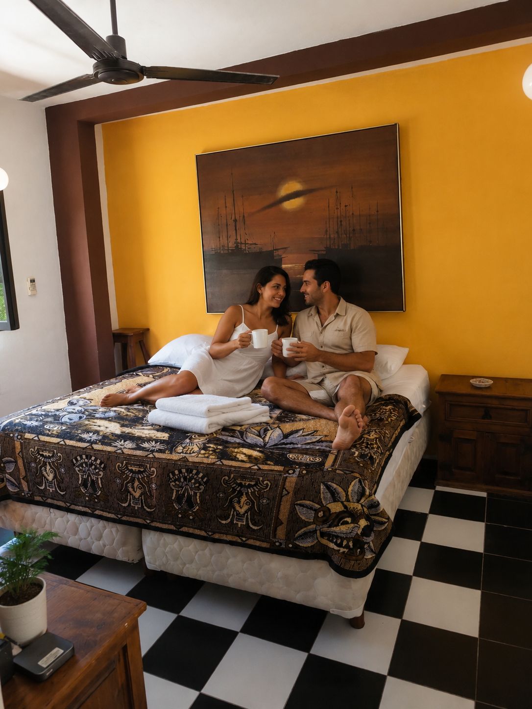 Una habitación con una cama, un ventilador de techo, un cuadro y un piso a cuadros.
