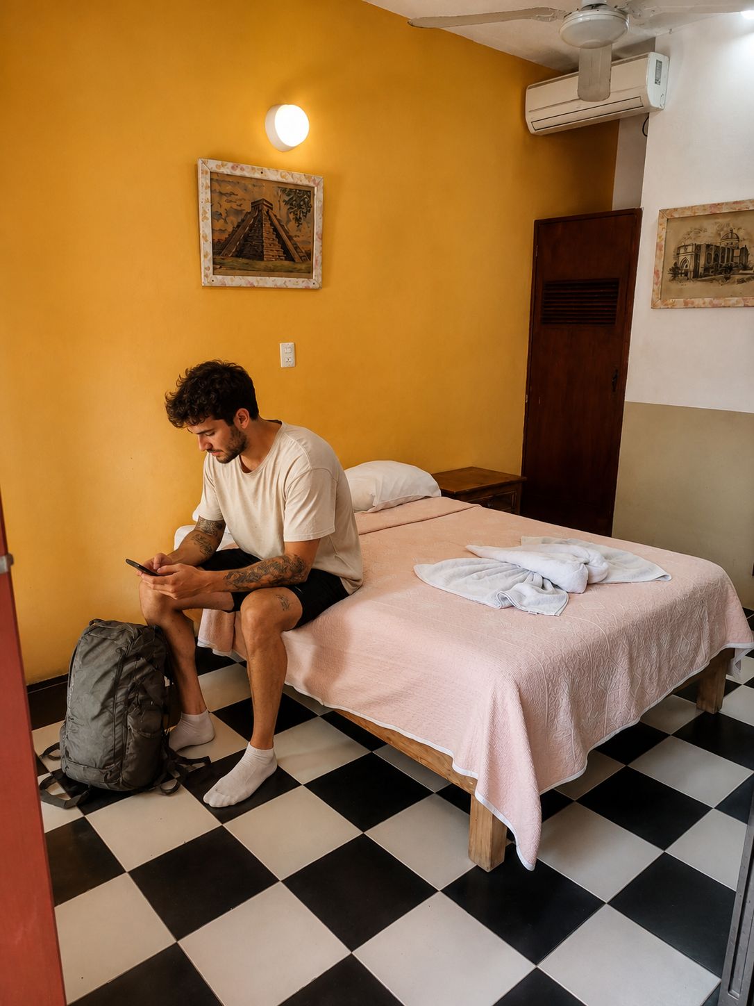 Habitació amb un llit, aire condicionat fixat a la paret i un quadre amb marc.