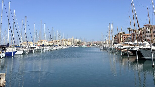 Un port de plaisance où sont amarrés de nombreux bateaux, avec une eau calme et des bâtiments en arrière-plan.
