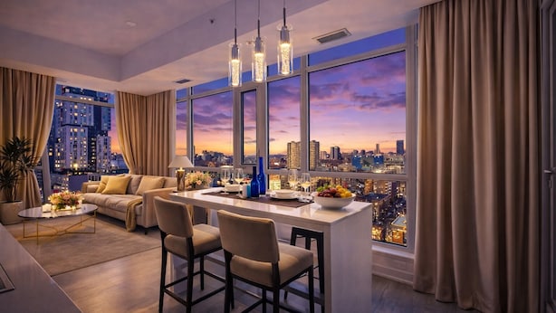 Een moderne woonkamer met stadszicht, een eethoek met een centraal eiland, en een groot raam met gordijnen.