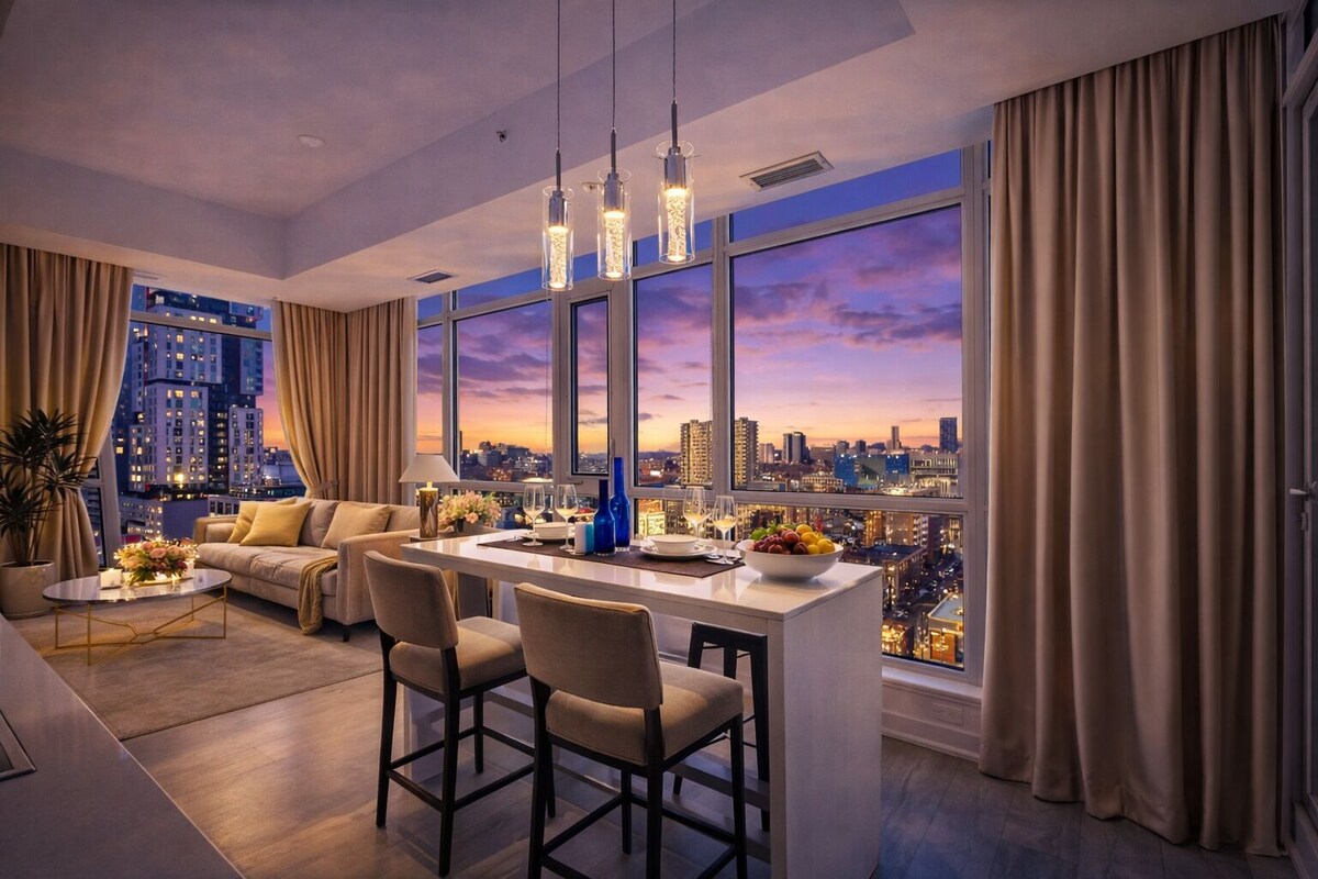 A modern living room with a city view, a dining area with a central island, and a large window with curtains.