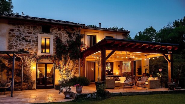 A stone building with a covered patio area, outdoor seating, and a well-lit entrance. - Luxueuse maison de campagne isolée, nichée dans la forêt au milieu des oiseaux. (Lesparrou)
