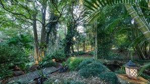 A lush garden with a variety of plants and trees, a wooden pathway, and a lantern-style light fixture. - Taman Sari Luxury Private Pavilions (Mapleton)