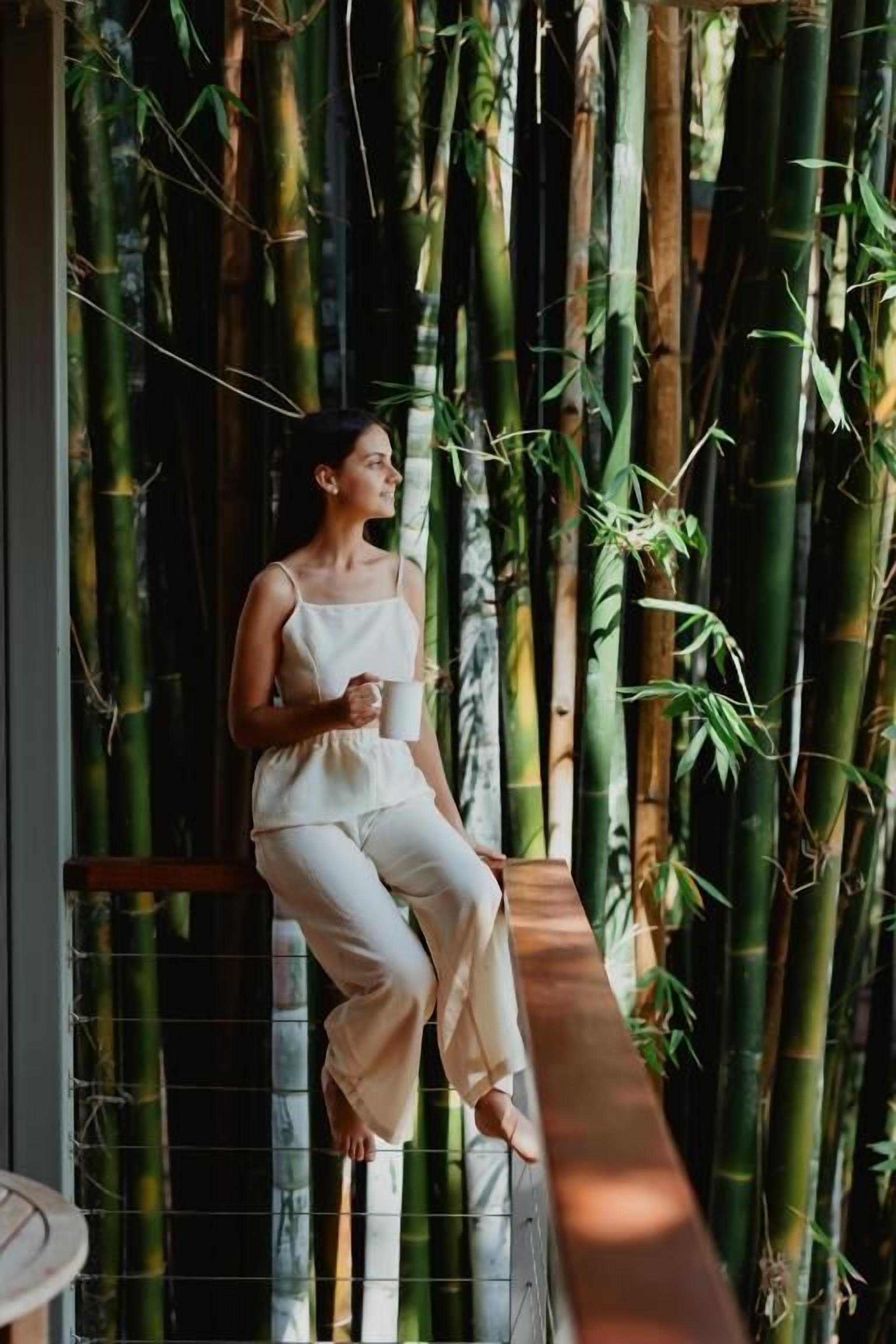 A person sitting on a wooden bench in a bamboo forest.