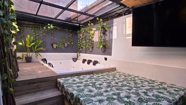 A sunroom with a bed, potted plants, and a TV.