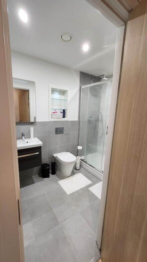 Dusche, Haartrockner, Seife, Toilettenpapier