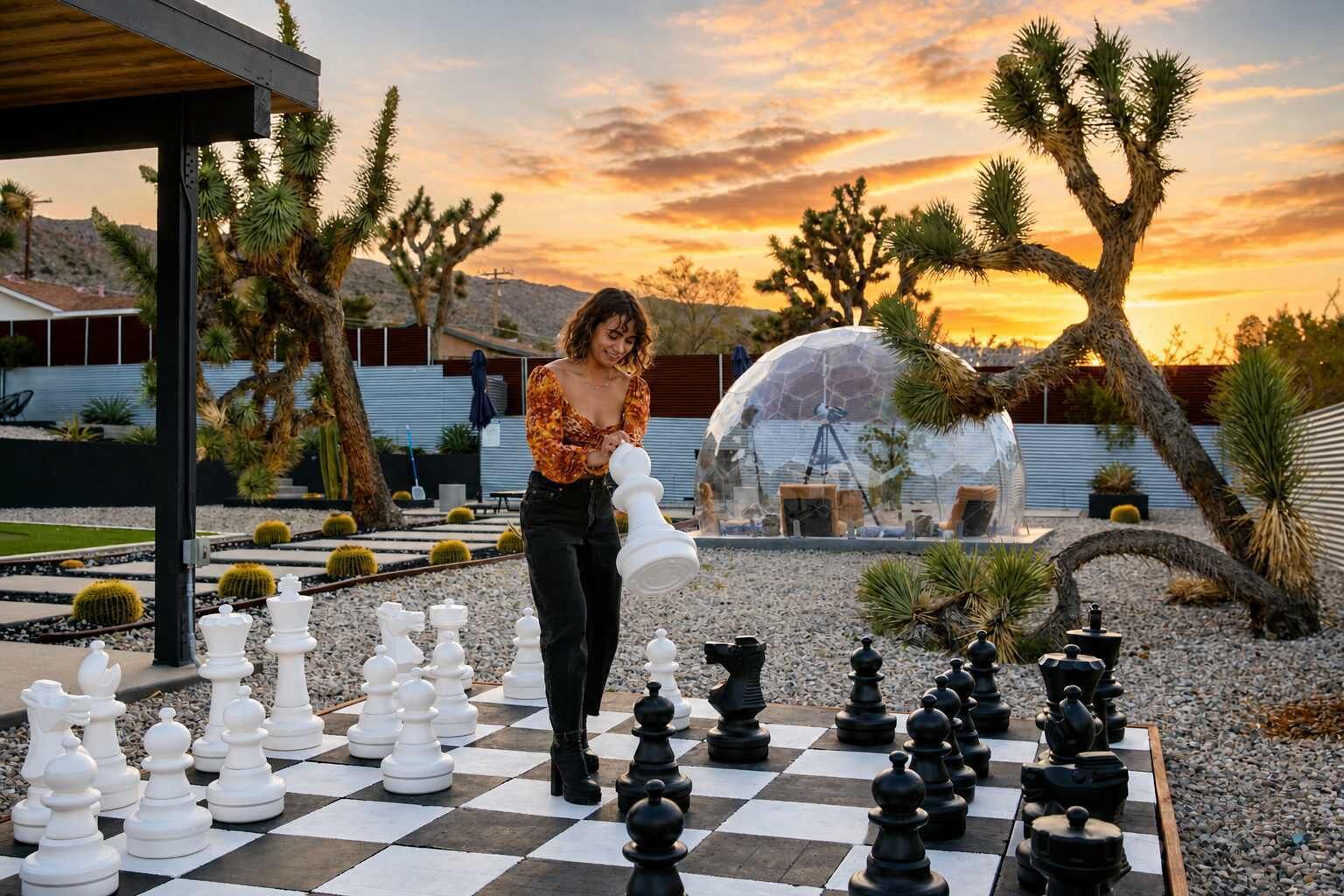 A chessboard set outdoors with a person standing nearby, surrounded by cacti and a clear dome structure.