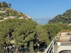 Zona residencial com casas numa encosta, árvores densas e vista ampla para montanhas ao longe.