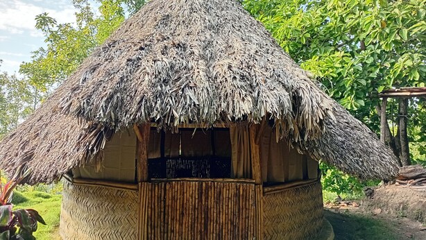 Eine strohgedeckte Hütte mit Holztür und gewebter Wand.