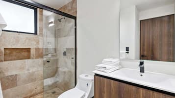 Shower, hair dryer, towels, shampoo