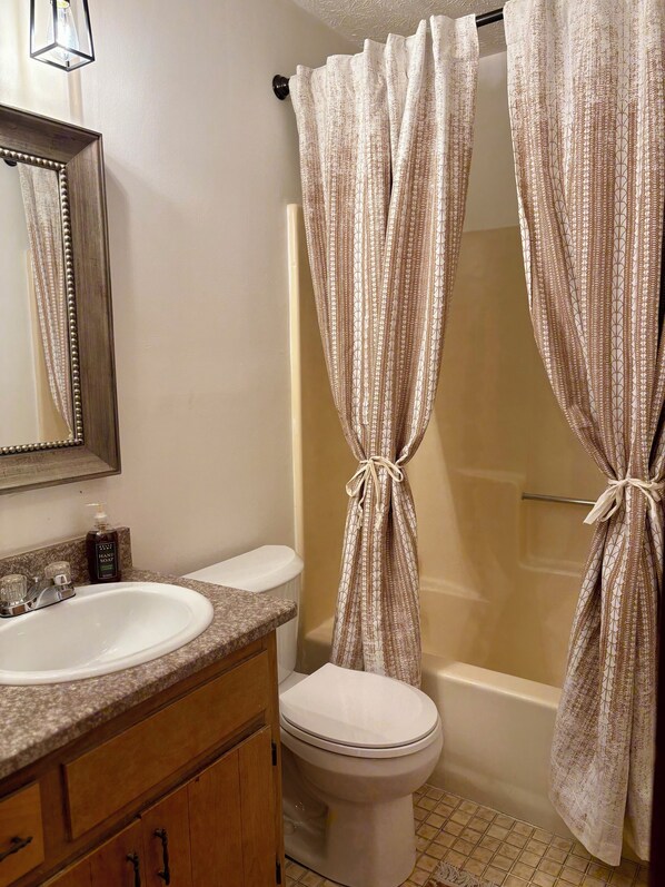 Hair dryer, towels, soap, toilet paper