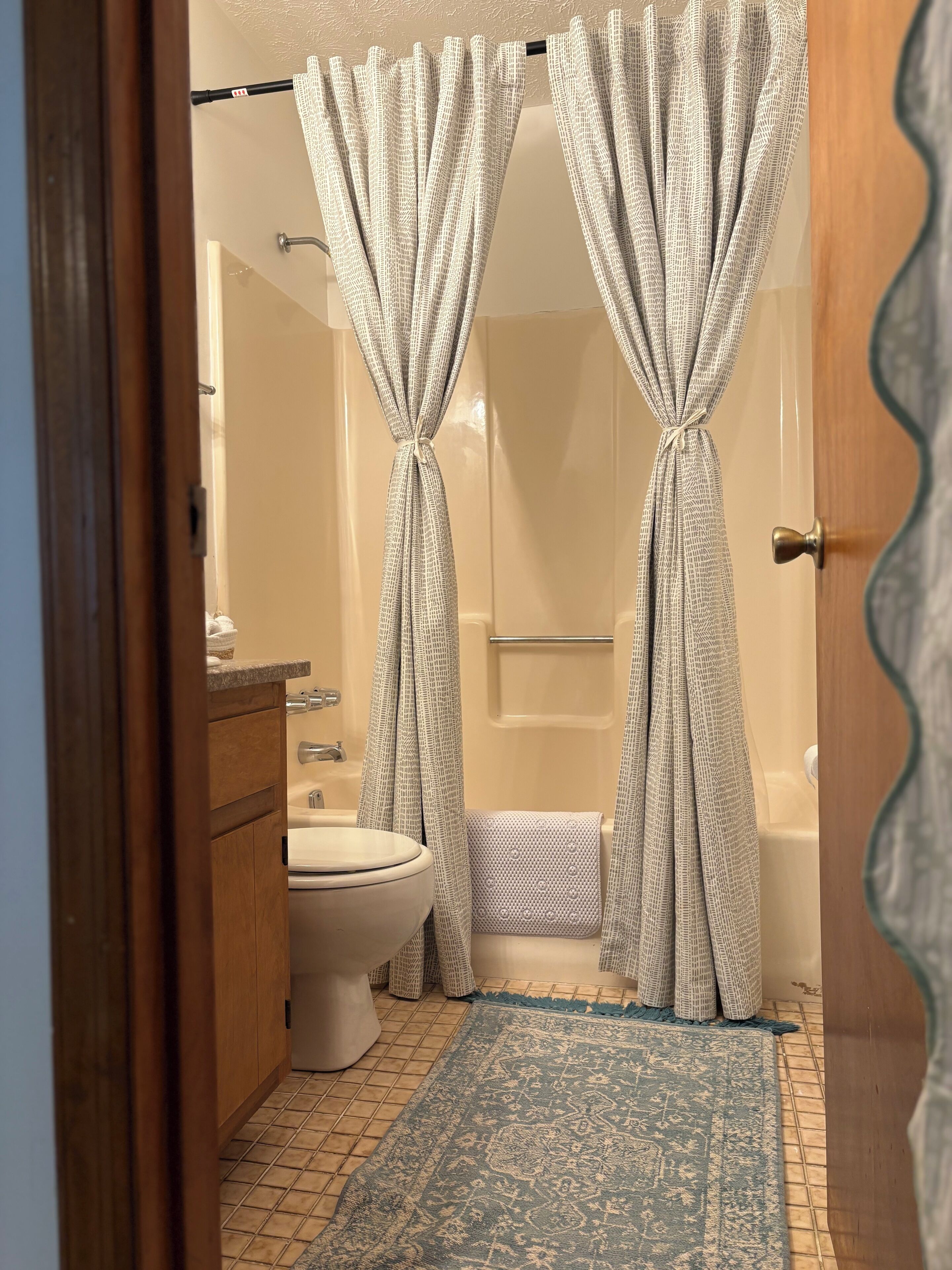 Hair dryer, towels, soap, toilet paper