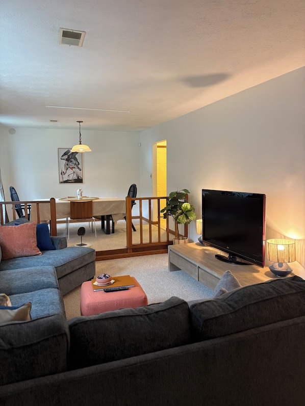 A living room with a sofa, TV, and a dining area in the background.