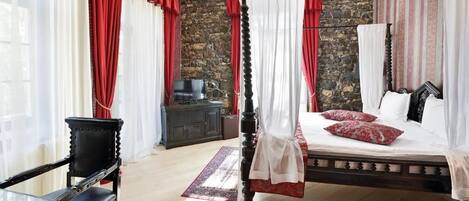 Una habitación con cama, televisión, escritorio y una silla.
