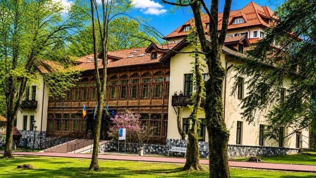 A traditional building with a red-tiled roof, large windows, and a stone staircase leading to the entrance. - HOTEL REGAL 1880 - Boutique Hotel Sinaia (Sinaia)