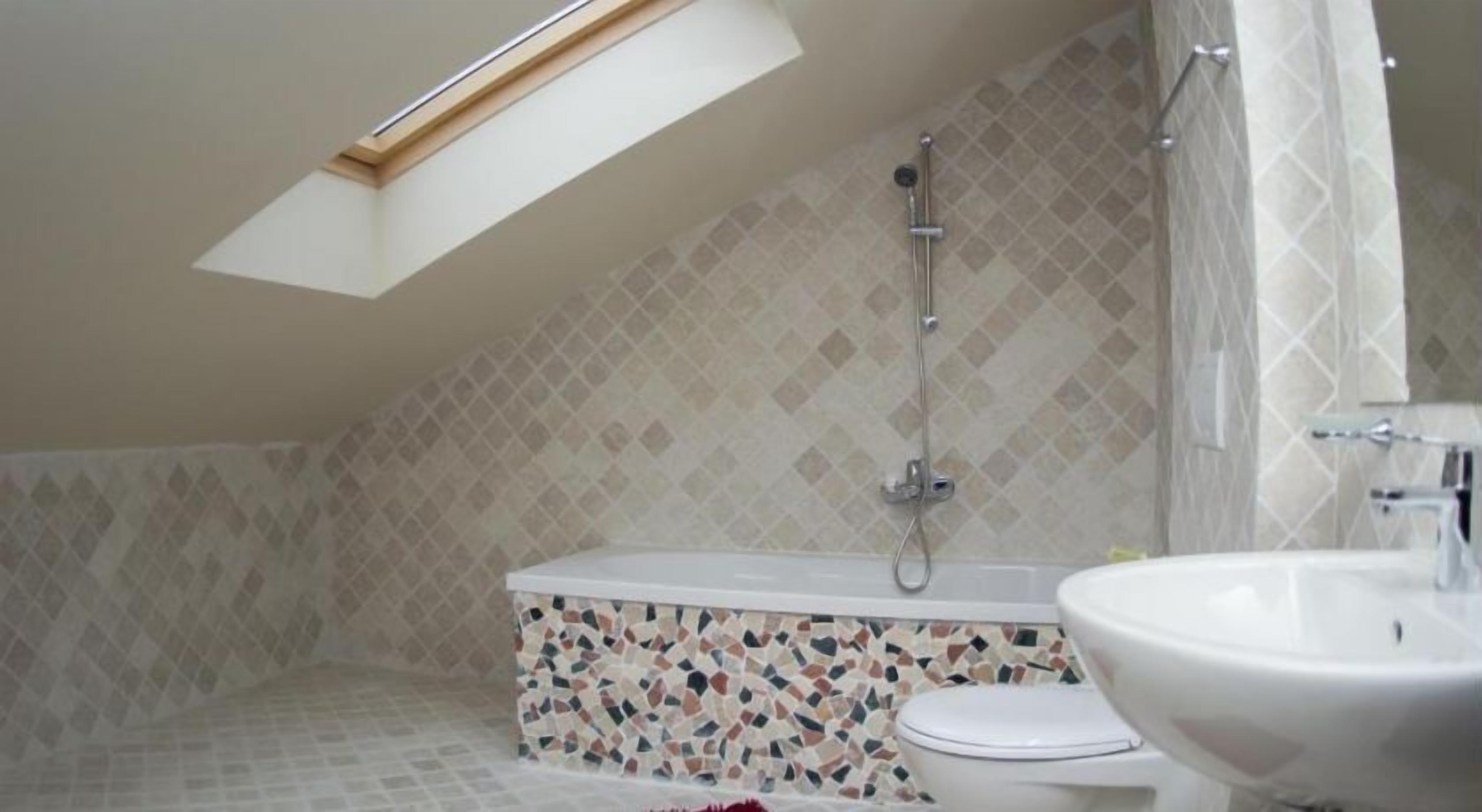 A bathroom with a skylight, a shower, a toilet, and a sink.