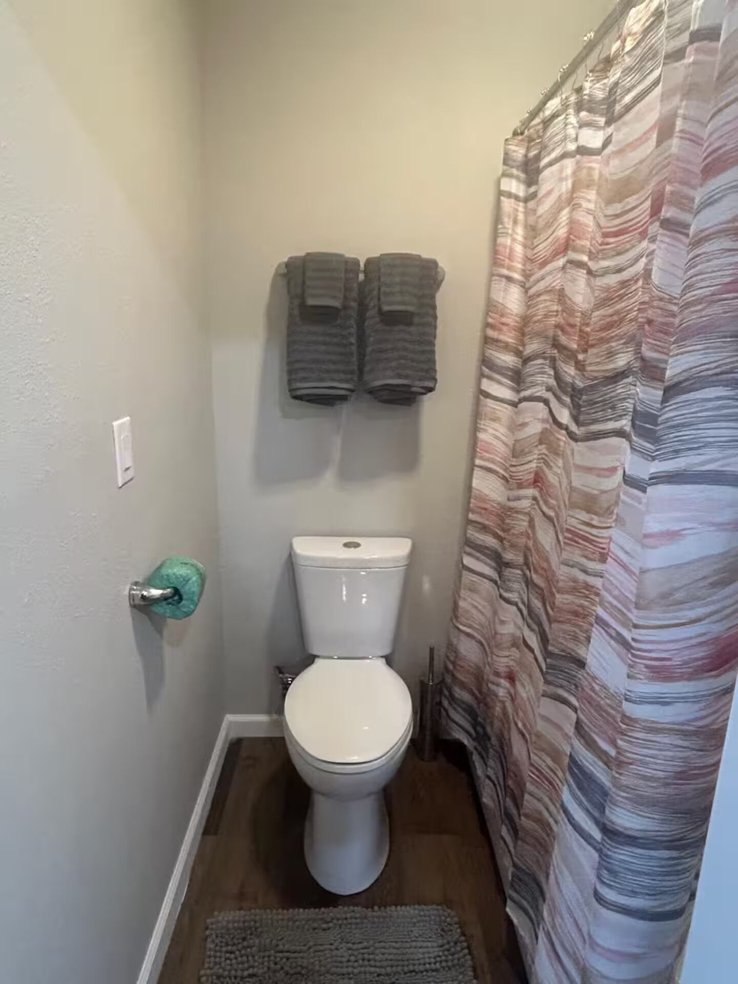 Ein kleines Badezimmer mit Toilette, Handtuchhalter mit zwei Handtüchern, Duschvorhang und einem grünen Handtuchspender.