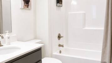 Hair dryer, towels, soap, toilet paper