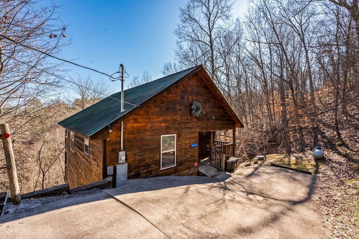 A wooden cabin with a metal roof, a front door, and a small porch.