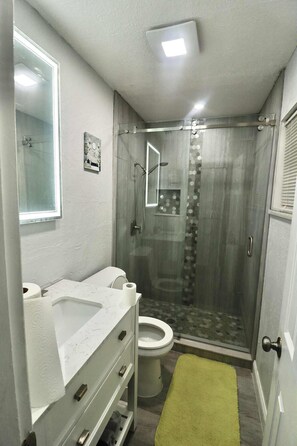 Shower, towels, soap, toilet paper