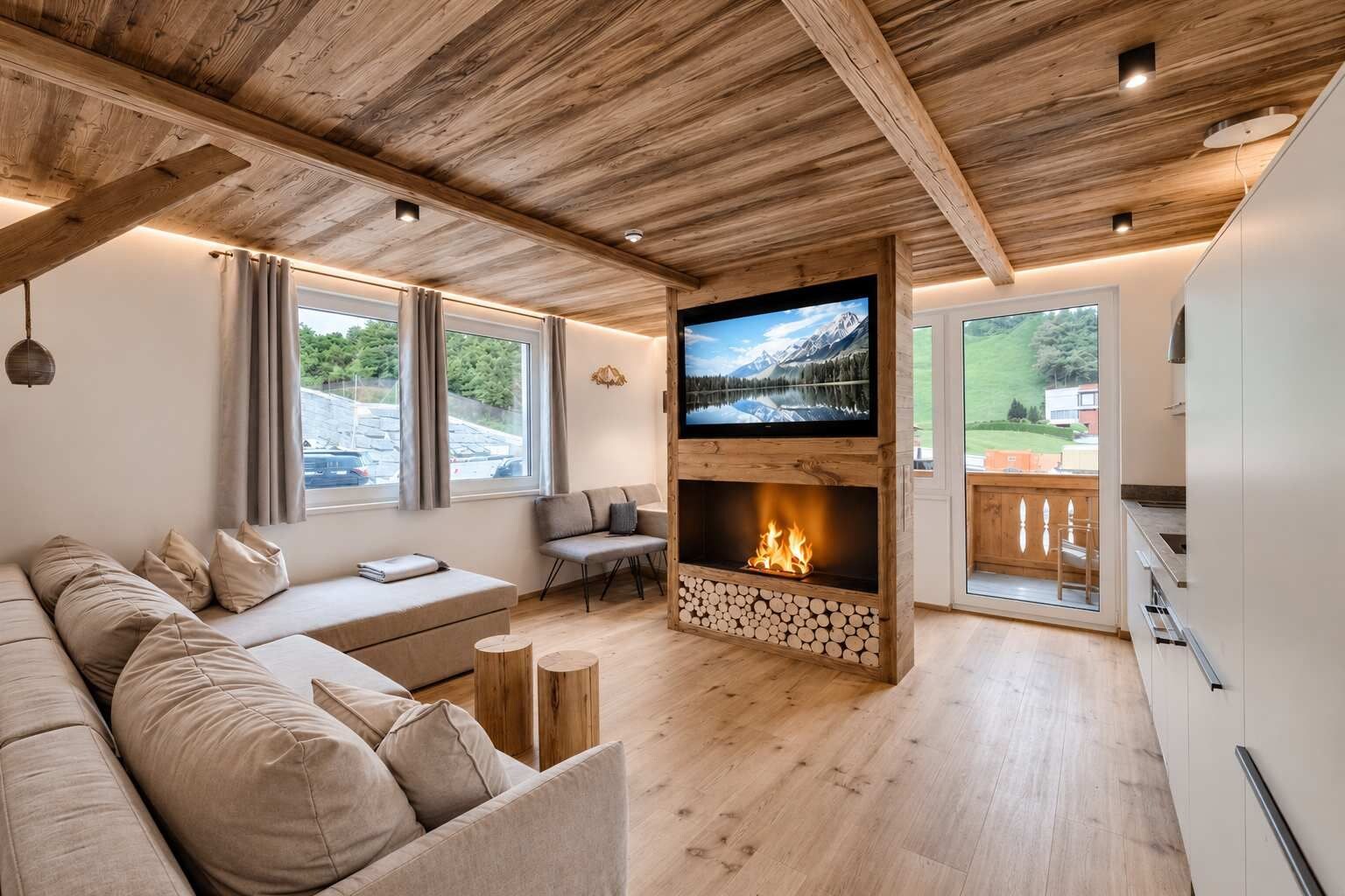 A modern living room with a fireplace, a large TV, and a sofa.