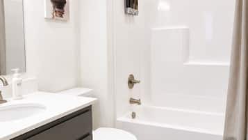 Hair dryer, towels, soap, toilet paper