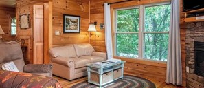 Fireplace - Barkwells Asheville Snickers Cabin: Dog-Centric Resort, Hot Tub, Pond, Fenced Yard (Mills River)