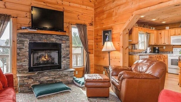 A cozy cabin interior with a stone fireplace, leather furniture, and a kitchen area. - Barkwells Asheville Libby Cabin: Dog-Centric Resort, Hot Tub, Pond, Fenced Yard! (Mills River)