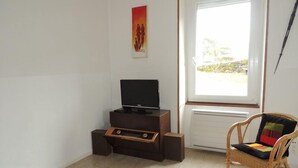 Una sala de estar con una televisión sobre un mueble de madera, una silla de mimbre con un cojín colorido, un libro sobre una mesita y una ventana con vistas a follaje.