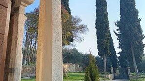 A courtyard with a gravel path, a small tree, and tall cypress trees in the background. - Villa Dorigny Dimora Storica (Verona)