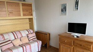 A cozy room with a striped sofa, a wooden cabinet, and a television. - Apartment Héliopolis J 42 - 5 people (AGDE)
