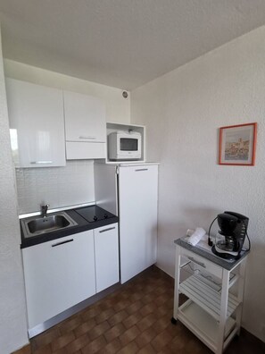 Fridge, microwave, cookware/dishes/utensils - Héliopolis Studio L48 - 2 people (AGDE)