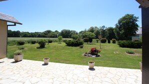 Eine Terrasse mit Steinplatten, Blick auf einen gepflegten Garten und einem strahlend blauen Himmel.