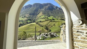 Blick durch ein Rundbogenfenster auf eine ländliche Landschaft mit sanften Hügeln und einem Bergkamm im Hintergrund.