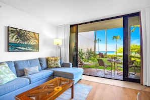 Living area - NEW KBM Resorts | FREE CAR | Kaanapali Shores | Ground Floor, 2-Bedroom Condo - Steps to Pool and Beach! KS-104 (Lahaina)