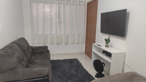 Un salon avec un canapé gris, un tapis noir à poils longs, un meuble de rangement blanc avec un téléviseur, et une porte en bois.