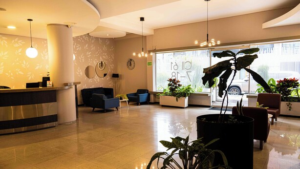 A hotel reception area with a reception desk, seating, potted plants, and a large window. - 617 Living  (Bogotá)
